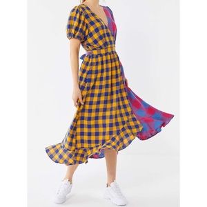 UO Anna Linen Mixed Plaid Midi Wrap Dress Size S